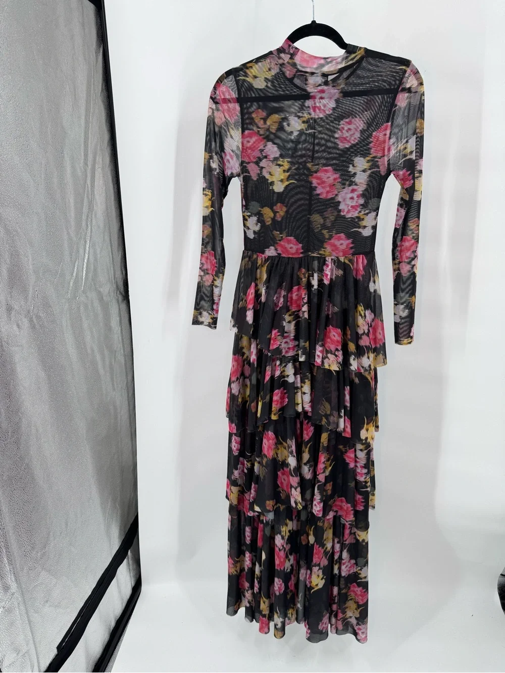 Ted Baker Sheer Floral Tiered Long-Sleeve Midi Dress in Black and Pink